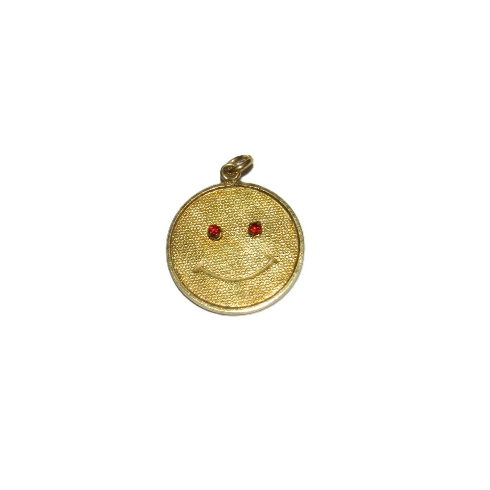 Happy Smiley Face Emoji Pendant in 14k Yellow Gold 2 Sided w Ruby